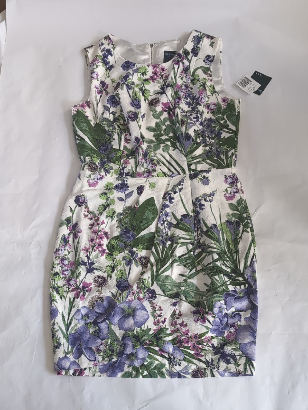 Gabby Skye White Floral Sheath Dress with Purple & Green Print-10